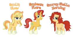 Size: 3729x1925 | Tagged: safe, anonymous artist, derpibooru import, oc, oc:sunbeam flare, oc:sunlit glow, oc:sunray stella morning, unofficial characters only, pony, unicorn, g4, braid, braided ponytail, brother, brother and sister, closed mouth, description is relevant, eyebrows, eyelashes, eyes open, family, female, happy, high res, horn, image, looking, looking at you, looking back, looking back at you, male, mare, name, names, nostrils, offspring, parent:sunburst, parent:sunset shimmer, parents:shimmerburst, png, ponytail, product of incest, raised eyebrow, raised hoof, show accurate, siblings, simple background, sister, sisters, smiling, smiling at you, stallion, standing, story included, text, transparent background, trio, triplets, unicorn oc, vector, wall of tags