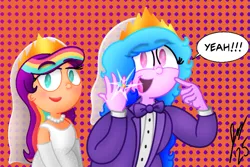 Size: 735x490 | Tagged: safe, artist:jesslmc16, derpibooru import, izzy moonbow, sunny starscout, human, equestria girls, g4, g5, clothes, dress, duo, duo female, equestria girls-ified, female, g5 to equestria girls, g5 to g4, generation leap, image, jewelry, lesbian, looking at you, mane stripe sunny, meme, necklace, open mouth, png, pointing, ring, ship:moonscout, shipping, smiling, speech bubble, suit, text, veil, wedding dress, wedding suit