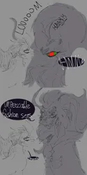 Size: 2000x3992 | Tagged: safe, artist:fangyy, derpibooru import, king sombra, classical unicorn, pony, unicorn, g4, 2025, alternate universe, body horror, cat eyes, clothes, cloven hooves, creepy, dialogue, digital art, digital painting, duo, facial hair, flowing mane, glasses, headcanon, horn, image, leonine tail, monochrome, png, sharp teeth, simple background, size difference, slit pupils, sombra eyes, teeth, toothy grin, unshorn fetlocks, upside down
