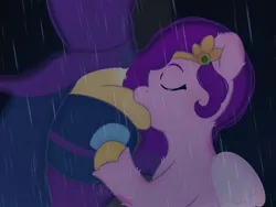 Size: 1024x768 | Tagged: safe, artist:naye_livelife, derpibooru import, hitch trailblazer, mare do well, pipp petals, earth pony, pegasus, pony, g4, g5, clothes, costume, duo, female, image, jpeg, kiss on the lips, kissing, male, mare, mare do well costume, rain, ship:pitch, shipping, stallion, straight, upside down kiss