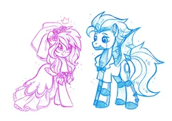 Size: 2969x2092 | Tagged: safe, artist:dariarchangel, derpibooru import, oc, oc:marshmallow bombshell, oc:trititaty, unofficial characters only, bat pony, pegasus, pony, robot, robot pony, bat pony oc, choker, clothes, crown, dress, duo, duo male and female, ear piercing, female, hologram, image, jewelry, looking at each other, looking at someone, male, marriage, pegasus oc, piercing, pigtails, png, regalia, robot pony oc, traditional art, wedding, wedding dress, wedding suit