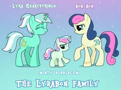 Size: 1024x759 | Tagged: safe, artist:doodlesinky, derpibooru import, part of a set, bon bon, lyra heartstrings, oc, oc:minty bubblegum, earth pony, pony, unicorn, g4, female, filly, foal, horn, image, jpeg, lesbian, lyrabon, magical lesbian spawn, mare, offspring, parent:bon bon, parent:lyra heartstrings, parents:lyrabon, part of a series, shipping