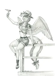 Size: 990x1350 | Tagged: safe, artist:baron engel, derpibooru import, chickadee, ms. peachbottom, oc, oc:sylvia evergreen, unofficial characters only, anthro, bird, pegasus, unguligrade anthro, g4, belly, belly button, boots, bow, braid, braided pigtails, breasts, cleavage, clothes, female, freckles, hair bow, hat, image, jpeg, park ranger, pegasus oc, pencil drawing, pigtails, shoes, short shirt, shorts, sitting, smiling, solo, tail, tail bow, traditional art, uniform, wings