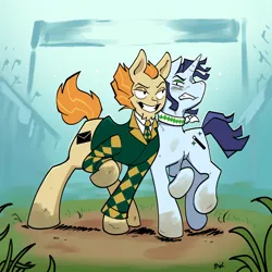 Size: 2000x2000 | Tagged: safe, artist:balileart, derpibooru import, oc, unofficial characters only, earth pony, pony, unicorn, ascot, chin fluff, clothes, dirt, dirty hooves, duo, duo male, grin, gritted teeth, horn, image, jpeg, male, necktie, outdoors, shirt, smiling, stallion, standing on two hooves, suit jacket, teeth