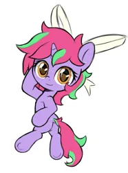 Size: 613x825 | Tagged: safe, artist:permpony, derpibooru import, oc, oc:susie supreme, unofficial characters only, pony, semi-anthro, unicorn, armpits, butt freckles, dock, female, filly, foal, freckles, hair ribbon, horn, image, looking at you, looking back, lying down, png, ribbon, simple background, smiling, solo, tail, underhoof, unicorn oc, white background