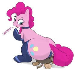 Size: 1323x1231 | Tagged: suggestive, artist:pabbley, artist:polofastter, derpibooru import, pinkie pie, earth pony, pony, g4, balloonbutt, broken, butt, clothes, collar, cute, diapinkes, female, furniture abuse, heart, huge butt, image, large butt, legwear, looking back, mare, plot, png, ponk, simple background, solo, solo female, stockings, stool, the ass was too fat, thigh highs, transparent background, whoops
