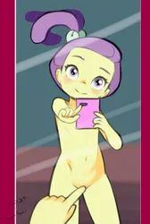 Size: 1280x1900 | Tagged: suggestive, artist:drantyno, lily pad (equestria girls), equestria girls, 1girl, belly button, blushing, breasts, child, covering crotch, covering privates, delicious flat chest, female, female pov, hair ornament, holding phone, image, lolicon, meme, mirror, mobile phone, nudist lily pad, nudity, offscreen character, phone, png, pov, purple eyes, purple hair, reflection, selfie, short hair, side ponytail, smartphone, smiling, solo, underage