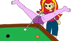 Size: 1468x840 | Tagged: suggestive, artist:tjpones, derpibooru import, sunset shimmer, twilight sparkle, human, equestria girls, g4, ass, billiards, butt, clothes, duo, duo female, female, females only, flexible, image, lidded eyes, no iris, panties, png, pool cue, simple background, splits, twibutt, underwear, upside down, white background