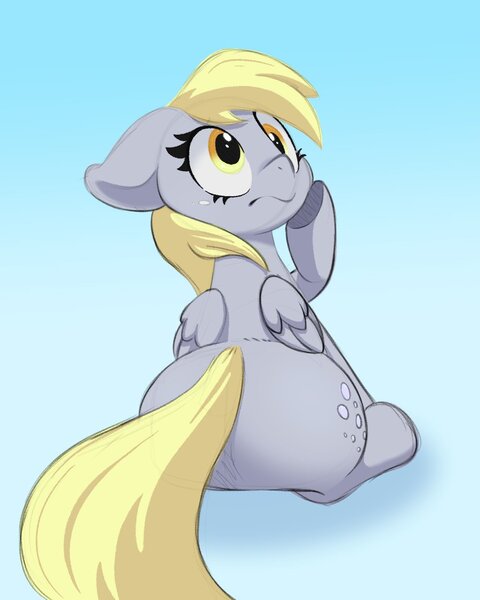 Size: 1022x1278 | Tagged: safe, artist:fourpundo, derpibooru import, derpy hooves, pegasus, pony, g4, bubble butt, butt, derp, derpese corpulent hooves, female, gradient background, image, jpeg, mare, plot, solo, the ass was fat, thicc ass, thicc thighs