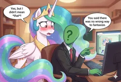 Size: 1248x848 | Tagged: safe, ai generated, generator:gemini, princess celestia, oc, oc:anon, pony, g4, blushing, chair, clothes, computer, embarrassed, female, image, indoors, male, mare, png, pointing, prompter:ada, sitting, speech, speech bubble, suit, talking, text