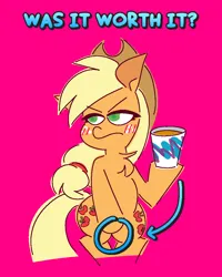 Size: 800x1000 | Tagged: suggestive, artist:threetwotwo32232, derpibooru import, applejack, earth pony, pony, g4, apple juice, bipedal, blush lines, blushing, both cutie marks, chest fluff, covering, covering crotch, drink, female, freckles, image, implied urine, juice, magenta background, mare, pink background, png, simple background, solo