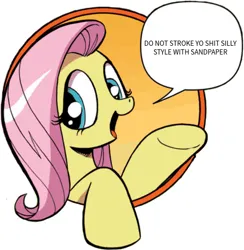 Size: 421x431 | Tagged: suggestive, derpibooru import, edit, idw, fluttershy, pegasus, pony, g4, bad advice fluttershy, blatant lies, context is for the weak, exploitable meme, image, implied masturbation, lies, meme, png, sandpaper, speech bubble, vulgar