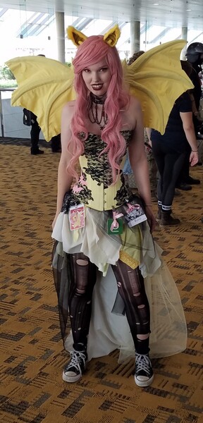 Size: 614x1280 | Tagged: safe, derpibooru import, fluttershy, bat pony, human, bronycon, g4, 2017, bat ponified, clothes, cosplay, costume, flutterbat, image, indoors, irl, jpeg, photo, race swap