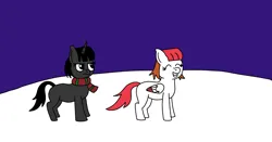 Size: 1920x1008 | Tagged: safe, artist:sugar and spice productions, derpibooru import, oc, oc:ada, oc:claudia, unofficial characters only, pegasus, pony, unicorn, annoyed, cheerful, clothes, colored wings, d'lirium, duo, frown, happy, horn, image, png, scarf, sky, smiling, snow, striped scarf, two toned wings, wings
