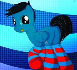 Size: 7200x6600 | Tagged: safe, artist:agkandphotomaker2000, derpibooru import, oc, oc:pony video maker, pegasus, pony, g4, abstract background, butt, clothes, dock, folded wings, image, light painting, looking at you, male, png, raised arm, show accurate, socks, striped socks, tail, tongue out, wings