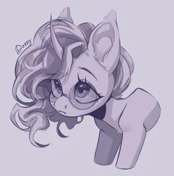Size: 1338x1356 | Tagged: safe, artist:dorry, derpibooru import, oc, oc:synthie glitch, unofficial characters only, bat pony, bat pony unicorn, hybrid, pony, unicorn, bat pony unicorn oc, ear tufts, female, glasses, halfbody, horn, image, jpeg, limited palette, mare, monochrome, simple background, solo