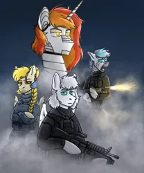 Size: 1000x1204 | Tagged: safe, derpibooru import, golden feather, princess celestia, oc, oc:king phoenix, oc:light knight, oc:unise, pegasus, robot, zebra, equestria at war mod, g4, spoiler:comic, spoiler:comic65, armor, disguise, image, military, png, terminator, terminator: dark fate - defiance, weapon