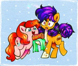 Size: 1960x1676 | Tagged: safe, artist:dariarchangel, derpibooru import, oc, oc:dazha, pony oc, unofficial characters only, earth pony, pony, unicorn, g4, :d, >:d, abstract background, adorable face, blue eyes, coat marking, cute, d:, duo, duo female, earth pony oc, eyebrows, eyebrows visible through hair, female, female oc, food, freckles, ginger hair, ginger mane, height difference, hoof hold, horn, image, incoming nom, jpeg, jumping, looking at something, mare, mare oc, messy hair, messy mane, messy tail, nom, ocbetes, open mouth, open smile, orange coat, orange hair, orange mane, orange tail, physique difference, pigtails, pink coat, pink eyes, purple hair, purple mane, purple tail, small horn, smiling, socks (coat marking), sparkles, sparkly eyes, standing on two hooves, stars, surprised, surprised face, tail, teenager, unicorn oc, weapons-grade cute, wide eyes, wingding eyes