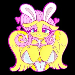 Size: 1212x1212 | Tagged: suggestive, artist:wuyoujm, derpibooru import, fluttershy, anthro, pegasus, g4, arm hooves, big breasts, black background, blushing, breasts, bunny ears, bunny suit, clothes, female, floating heart, heart, image, jpeg, pin, playboy bunny, simple background, solo