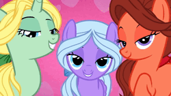 Size: 1920x1080 | Tagged: safe, screencap, dear darling, fond feather, swoon song, pegasus, pony, g4, hard to say anything, background pony, battle for sugar belle, bedroom eyes, bimbettes, female, flirting, image, mare, mp4, my little pony, sound, trio, trio female