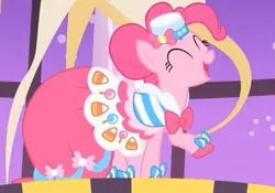 Size: 336x235 | Tagged: safe, derpibooru import, screencap, pinkie pie, pony, g4, the best night ever, alternate hairstyle, canterlot castle, castle, clothes, cropped, cute, cute smile, dress, female, gala, gala dress, gown, grand galloping gala, image, indoors, jpeg, mare, my little pony, night, pinkie pie's first gala dress, smiling, solo, stars, statue, sweet, window