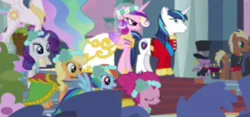 Size: 2168x1018 | Tagged: safe, derpibooru import, screencap, meadow song, princess cadance, princess celestia, queen chrysalis, shining armor, spike, alicorn, dragon, earth pony, pegasus, pony, unicorn, a canterlot wedding, g4, bowtie, bride, bridesmaid, bridesmaid applejack, bridesmaid dash, bridesmaid pinkie, bridesmaid rarity, bridesmaids, canterlot, canterlot castle, clothes, disguise, disguised changeling, dress, evil grin, eyes closed, fake cadance, floral head wreath, flower, flower in hair, formal wear, gown, grin, groom, hat, horn, image, indoors, jpeg, marriage, my little pony, ring bearer, royal wedding, shocked, smiling, spread wings, steps, suit, surprised, top hat, tuxedo, uniform, wedding, wedding dress, wings