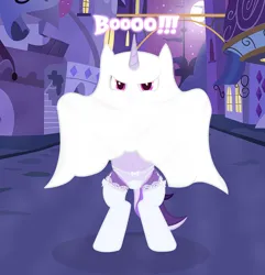 Size: 2660x2762 | Tagged: suggestive, artist:ghostpikachu, derpibooru import, oc, oc:dreaming bell, unofficial characters only, ghost, pony, undead, unicorn, accidental exposure, belly, belly button, canterlot, clothes, costume, derpibooru exclusive, female, halloween, halloween costume, holiday, horn, image, legwear, mare, moon, moonlight, night, night sky, outdoors, panties, png, rearing, self exposure, sky, socks, stockings, thigh highs, two toned coat, underwear, unicorn oc