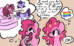 Size: 1393x873 | Tagged: semi-grimdark, artist:captainzigo, derpibooru import, pinkamena diane pie, pinkie pie, surprise, twilight sparkle, twilight sparkle (alicorn), oc, oc:confetti cakepop, oc:freako funtime icecream surprise, alicorn, earth pony, pony, g1, g4, amputee, birthday cake, blood, cake, clone, decapitated, decapitation, dialogue, female, food, gay pride flag, hook hand, image, implied lesbian, implied shipping, implied twinkie, machete, mare, murder, pinkie clone, png, pride, pride flag, prosthetics, revenge, scar, severed head, speech bubble, thought bubble, tongue out, x eyes