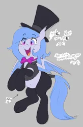 Size: 687x1051 | Tagged: artist needed, safe, oc, oc:hattsy, oc:lucky roll, unofficial characters only, pony, aggie.io, belly button, chubby, excited, fangs, female, gray background, hat, image, mare, open mouth smile, png, rearing, simple background, solo, top hat
