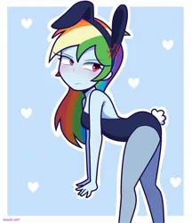 Size: 1770x2048 | Tagged: suggestive, artist:trash art, derpibooru import, rainbow dash, human, equestria girls, g4, annoyed, blushing, breasts, bunny suit, clothes, delicious flat chest, female, fishnet clothing, fishnets, image, jpeg, legwear, playboy bunny, playboy bunny rainbow dash, rainbow dash is not amused, solo, solo female, stockings, thigh highs, unamused