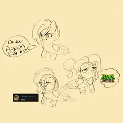 Size: 1953x1953 | Tagged: safe, artist:poxy_boxy, derpibooru import, oc, unofficial characters only, bird, bird pone, pegasus, pigeon, pony, beige background, clothes, dialogue, female, hoodie, image, lidded eyes, mare, meta, monochrome, partial color, plants vs zombies, png, simple background, sketch, speech bubble, thought bubble, trio, trio female, trixie bird, wat, xitter