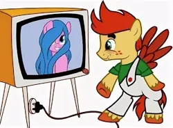 Size: 524x386 | Tagged: artist needed, safe, derpibooru import, ponified, pegasus, pony, bipedal, blushing, clothes, exploitable meme, female, freckles, image, jpeg, looking at something, male, mare, meme, obligatory pony, simple background, smiling, stallion, television, tv meme, unshorn fetlocks, карлосон