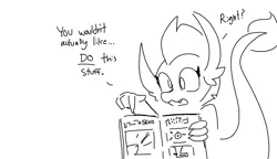 Size: 1262x725 | Tagged: suggestive, artist:tjpones, derpibooru import, smolder, dragon, g4, black and white, dialogue, dragoness, female, grayscale, image, implied sex, magazine, monochrome, png, pointing, saddam hussein's hiding place, simple background, solo, white background