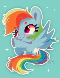 Size: 700x900 | Tagged: safe, artist:colinetheneko, derpibooru import, rainbow dash, pegasus, pony, g4, backwards cutie mark, beanbrows, blue background, blushing, chibi, closed mouth, cute, cutie mark eyes, cyan background, dashabetes, eyebrows, female, full body, image, lineless, looking offscreen, mare, outline, png, simple background, smiling, solo, sparkles, spread wings, underhoof, watermark, white outline, wingding eyes, wings