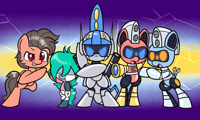 Size: 3000x1800 | Tagged: safe, artist:trackheadtherobopony, derpibooru import, oc, oc:gold brew, oc:novy, oc:rx-77 needle, oc:silverstream (robot pony), oc:trackhead, earth pony, pegasus, pony, robot, robot pony, undead, vampire, bipedal, chibi, image, jpeg, lightning, pose, power rangers