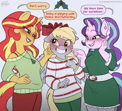 Size: 3064x2779 | Tagged: safe, artist:xconito, derpibooru import, derpy hooves, starlight glimmer, sunset shimmer, anthro, pegasus, unguligrade anthro, unicorn, g4, alternate hairstyle, bandaid, bedroom eyes, belt, blushing, bow, bra, bra strap, breasts, christmas, clothes, commission, derpyset, dress, ear piercing, earring, eyeshadow, female, flustered, gradient background, grin, hair bow, holiday, holly, holly mistaken for mistletoe, horn, image, imminent kissing, implied dinky, implied fluttershy, implied pinkie pie, jewelry, lesbian, lipstick, makeup, mistletoe, necklace, pants, piercing, png, poking, polyamory, ship:shimmerglimmer, ship:starderp, shipping, size difference, smiling, sweat, sweater, this will end in kisses, trio, trio female, underwear