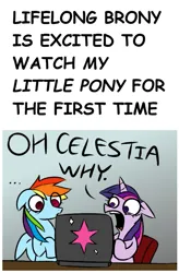 Size: 585x892 | Tagged: source needed, safe, artist:spurkeht, color edit, derpibooru import, edit, rainbow dash, twilight sparkle, pegasus, pony, unicorn, ..., article, chair, clickbait, colored, computer, duo, duo female, female, floppy ears, frown, funny, gradient background, headline, horrified, image, laptop computer, mare, meme, news, news article, open mouth, parody, png, reaction image, shocked, sitting, text, the onion, why, wide eyes