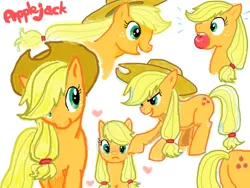 Size: 600x450 | Tagged: safe, artist:sansei, derpibooru import, applejack, earth pony, pony, g4, 2013, :d, alternate hairstyle, apple, apple bobbing, applebutt, applejack's hat, butt, character name, closed mouth, cowboy hat, doodle, emanata, female, floating heart, food, full body, hat, heart, image, looking at you, mare, mouth hold, multiple views, narrowed eyes, oekaki, old art, open mouth, open smile, pigtails, plewds, plot, png, side view, simple background, smiling, standing, teeth, white background
