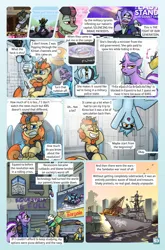 Size: 2079x3142 | Tagged: safe, artist:captainhoers, derpibooru import, oc, oc:aurora (hoers), oc:concorde, oc:rosetta (stardust), unofficial characters only, earth pony, gryphon, kirin, pegasus, pony, unicorn, comic:stardust:the sky belongs to no one, battleship, brushing teeth, comic, dialogue, female, graffiti, griffon oc, grin, gritted teeth, high res, horn, image, jpeg, kirin oc, levitation, magic, mare, nonbinary, offspring, parent:soarin', parent:spitfire, parents:soarinfire, ship, smiling, teeth, telekinesis, television, toothbrush, towel, towel on head, upside down, vehicle, warship, zero gravity