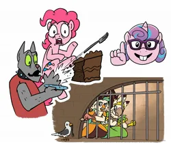 Size: 1854x1565 | Tagged: safe, artist:petirep, derpibooru import, captain celaeno, fido, pinkie pie, princess flurry heart, alicorn, anthro, bird, diamond dog, earth pony, ornithian, pony, seagull, g4, my little pony: the movie, ackchyually, bars, cake, crackers, emoji, female, food, fork, image, jail cell, jpeg, key, male, mare, nerd, nerd emoji, older, older flurry heart, princess ocypete, simple background, white background