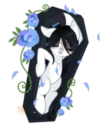 Size: 1744x2000 | Tagged: safe, artist:sunsetstargirl, artist:sush-adopts, derpibooru import, oc, oc:alice mcgee, unofficial characters only, earth pony, pony, base, base used, base:sush-adopts, coffin, female, flower, image, png, rose, simple background, solo, solo female, transparent background