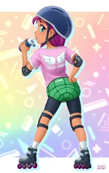 Size: 631x1000 | Tagged: safe, artist:uotapo, derpibooru import, sunny starscout, human, equestria girls, g4, g5, clothes, cute, drink, drinking, elbow pads, equestria girls-ified, female, helmet, image, jpeg, knee pads, roller skates, shell, shirt, shorts, skates, socks, solo, sunnybetes, t-shirt, uotapo is trying to murder us, water bottle