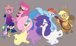 Size: 1502x904 | Tagged: safe, artist:furseiseki, derpibooru import, applejack, fluttershy, izzy moonbow, pinkie pie, rainbow dash, rarity, spike, twilight sparkle, cyclops, ghost, parasprite, spider, undead, g4, g5, antennae, applejack's hat, arackulele, auglur, blarret, cowboy hat, crossover, floating, gray background, group, hat, holes, image, mane seven, mane six, meeb, meebkin, multiple mouths, musical instrument, my little x, my singing monsters, png, simple background, singing, sox, species swap, spider web, whisp, wings