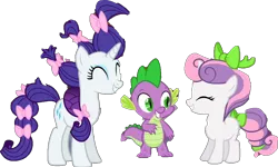 Size: 1016x611 | Tagged: safe, derpibooru import, edit, edited screencap, screencap, rarity, spike, sweetie belle, g4, sisterhooves social, alternate hairstyle, background removed, belle sisters, bow, female, hair bow, image, low quality, male, my little pony, png, siblings, sisters, trio