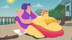 Size: 2560x1440 | Tagged: suggestive, artist:neongothic, derpibooru import, rarity, sunset shimmer, equestria girls, g4, bbw, beach, belly, big belly, breasts, chubby cheeks, clothes, double chin, fat, fat ass, fat boobs, fat fetish, fetish, image, morbidly obese, obese, png, raritubby, slobset shimmer, ssbbw, sunburn, sunscreen, swimsuit, thighs, thunder thighs, weight gain