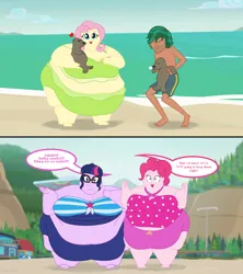 Size: 2560x2880 | Tagged: suggestive, artist:neongothic, derpibooru import, fluttershy, pinkie pie, timber spruce, twilight sparkle, seal, equestria girls, g4, bbw, beach, belly, big belly, bingo wings, breasts, chubby cheeks, clothes, comic, double chin, facial hair, fat, fat ass, fat boobs, fat fetish, fattershy, fetish, image, morbidly obese, obese, png, pudgy pie, ssbbw, swimsuit, thighs, thunder thighs, twilard sparkle, weight gain