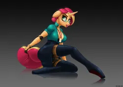 Size: 2283x1614 | Tagged: suggestive, artist:vanschalk, derpibooru import, sunset shimmer, anthro, robot, unguligrade anthro, unicorn, g4, badge, big breasts, boots, breasts, cleavage, clothes, female, floppy ears, glasses, gradient background, grin, gynoid, horn, image, jewelry, jpeg, legwear, lipstick, open clothes, open shirt, pencil skirt, roboticization, secretary, shoes, sideways, sitting, skirt, smiling, solo, solo female, stockings, tail, tail pull, thigh boots, thigh highs