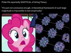 Size: 891x665 | Tagged: safe, derpibooru import, editor:starbounce, screencap, pinkie pie, twilight sparkle, twilight sparkle (alicorn), alicorn, earth pony, pony, unicorn, a trivial pursuit, g4, season 9, spoiler:s09, abstract background, black background, cropped, d:, female, horn, image, mare, meme, meta, my little pony, offscreen character, open mouth, pinkie pie is best facemaker, png, shocked, shocked expression, simple background, solo focus, string theory, text, xitter