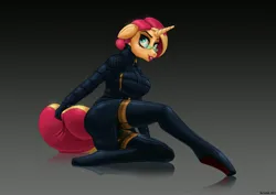 Size: 3508x2480 | Tagged: suggestive, alternate version, artist:vanschalk, derpibooru import, sunset shimmer, anthro, robot, unguligrade anthro, unicorn, g4, big breasts, boots, breasts, clothes, female, floppy ears, glasses, gradient background, grin, gynoid, horn, image, jacket, jpeg, legwear, lipstick, pencil skirt, roboticization, shoes, sideways, sitting, skirt, smiling, solo, solo female, stockings, tail, tail pull, thigh boots, thigh highs, winter jacket