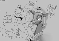 Size: 1000x693 | Tagged: safe, artist:1611volk, artist:lurker, derpibooru import, applejack, fluttershy, nightmare moon, pinkie pie, princess celestia, rainbow dash, rarity, twilight sparkle, alicorn, earth pony, pegasus, pony, unicorn, g4, angry, boop, collaboration, crown, dialogue, female, floppy ears, flying, growling, helmet, horn, image, jewelry, magma.com, mane six, mare, peytral, png, regalia, smug, smuglestia, spread wings, tiny, tiny ponies, wings